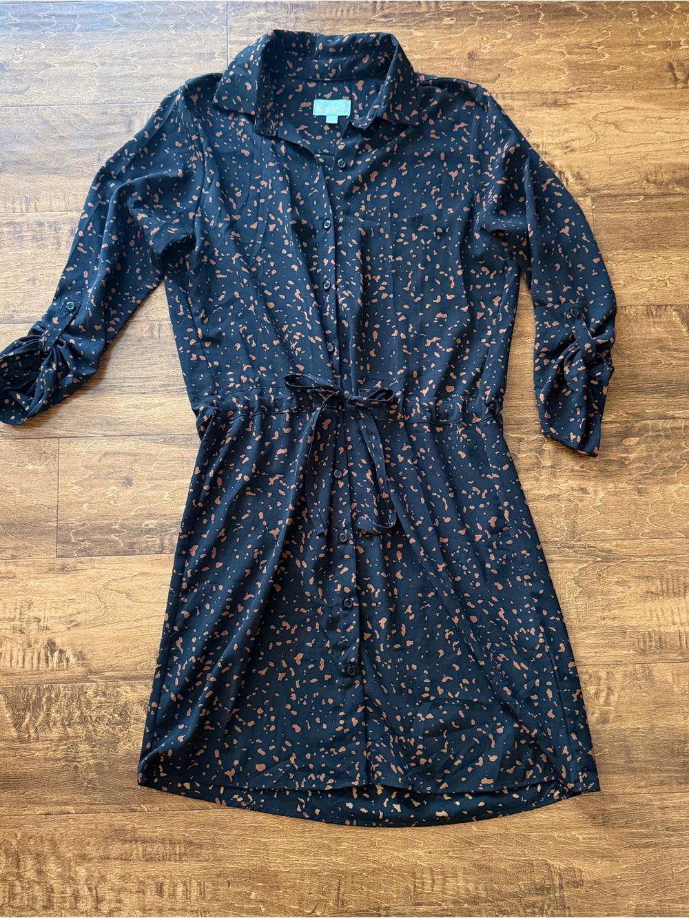 Veronica M Black Midi Shirt Dress with Copper Spot Print and Tie Waist